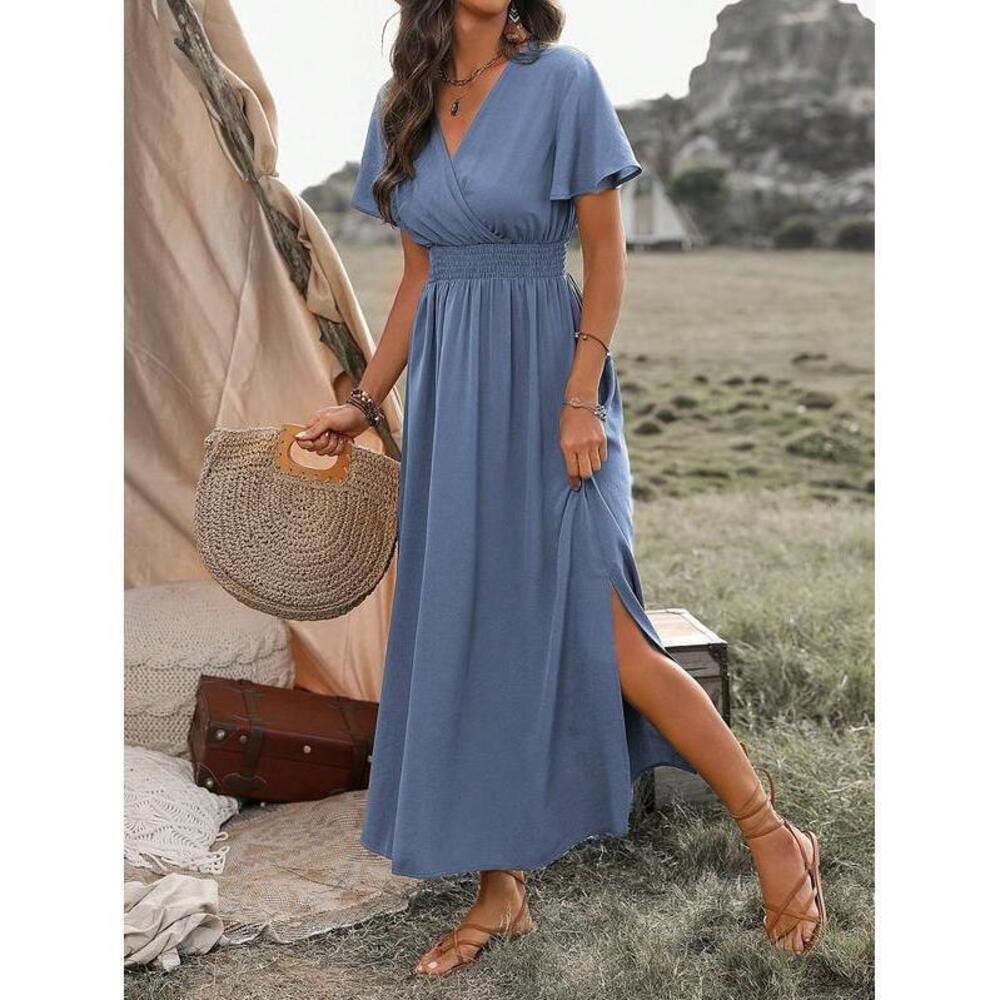 Breezaya Solid Color V-Neck Wrap Waist Split Dress - Picture 4 of 7